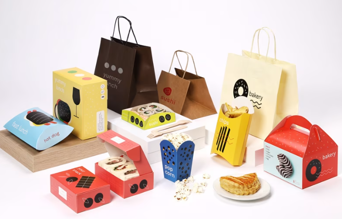 Colourful custom food packaging range including boxes, bags and containers for sushi, bakery and takeaway