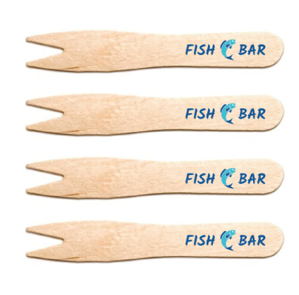 Branded wooden fish and chip forks with Fish Bar logo