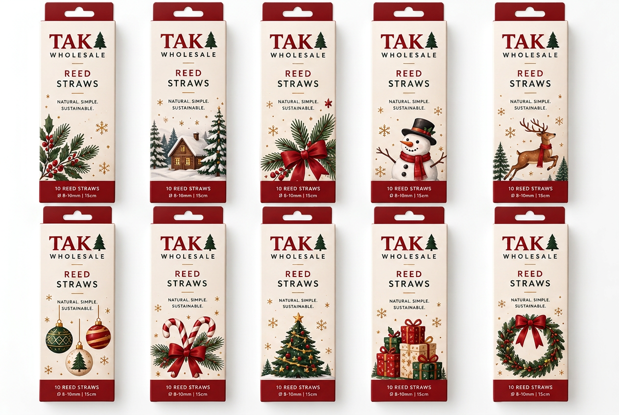 Festive TAK Wholesale Christmas reed straw packaging designs including holly, cabin, bow, snowman, reindeer, baubles, candy canes, tree, gifts and wreath