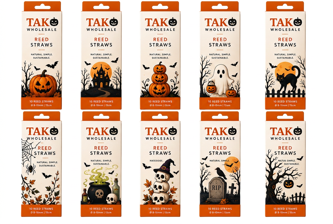 Spooky TAK Wholesale Halloween reed straw packaging designs including pumpkin, haunted house, ghost, black cat, spider, cauldron, skulls, graveyard and twisted tree