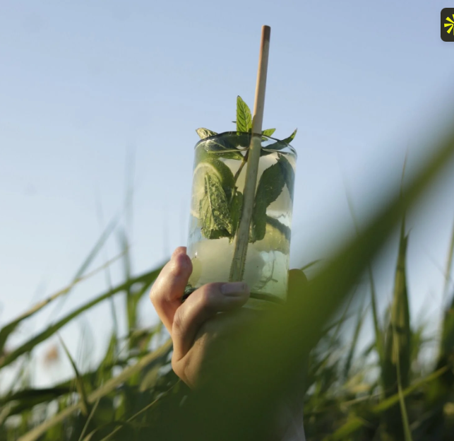 Fresh drink with a natural reed straw held among growing reeds