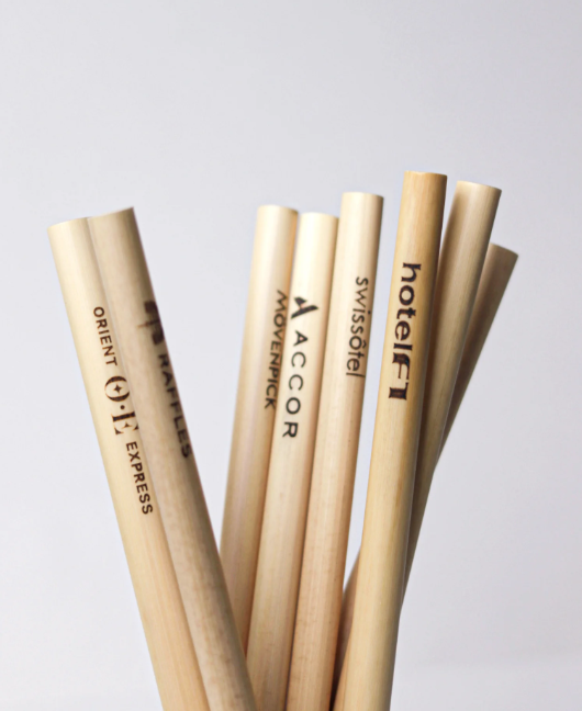 Reed straws branded with hotel group logos including Accor, Swissotel, Movenpick and Hotel F1