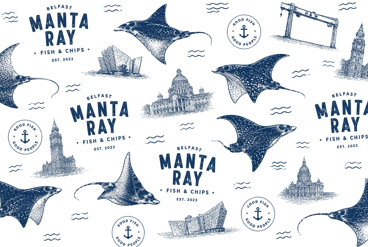 Manta Ray Fish and Chips Belfast branded packaging pattern with manta rays and city landmarks