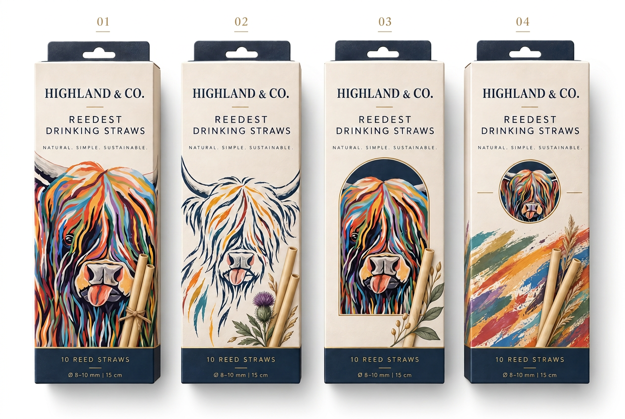 Highland & Co. branded Reedest drinking straw packaging designs