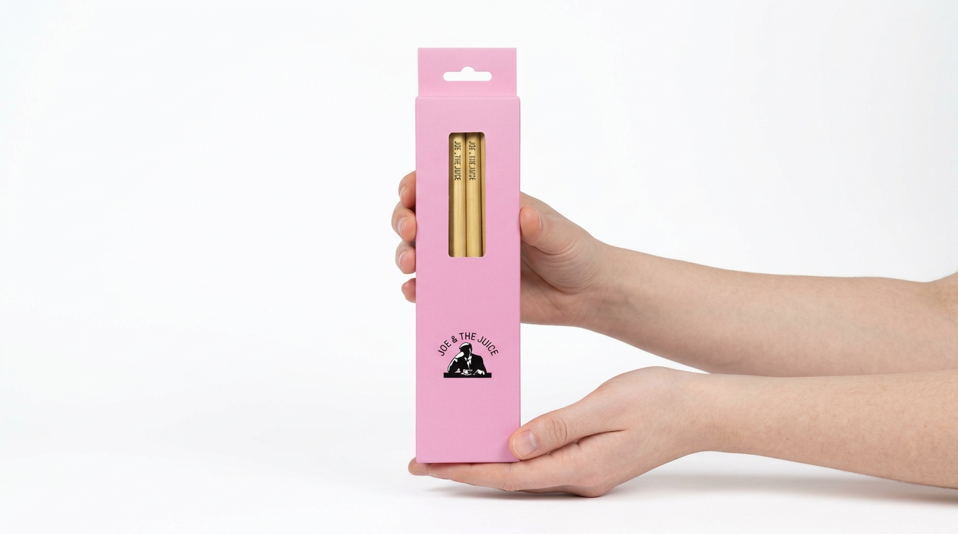 Pink Joe and the Juice branded reed straw packaging