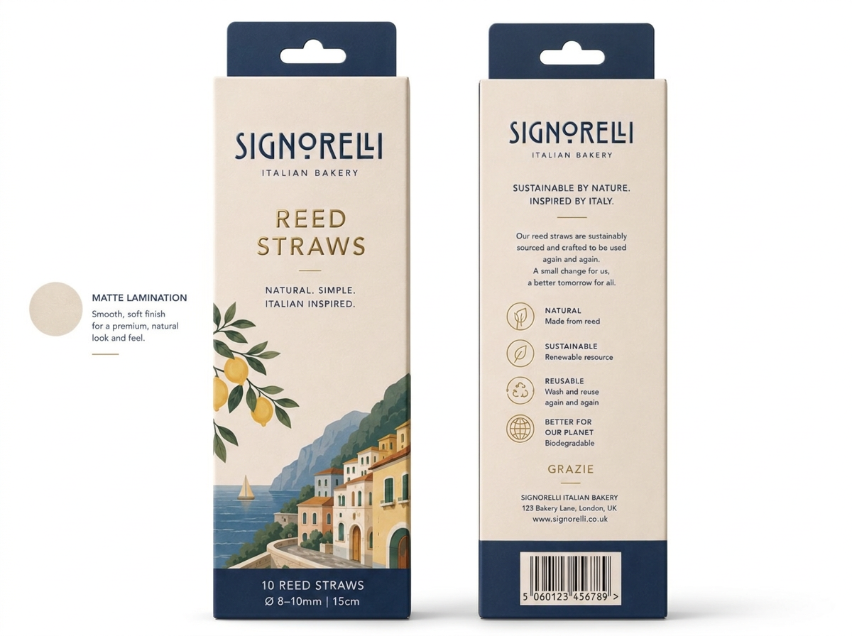Front and back of custom Signorelli reed straw packaging