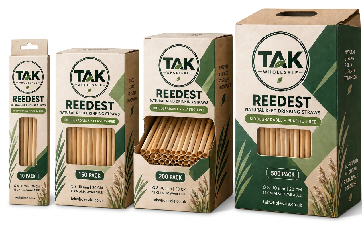 TAK Wholesale branded Reedest straw packaging range showing 10, 150, 200 and 500 pack sizes