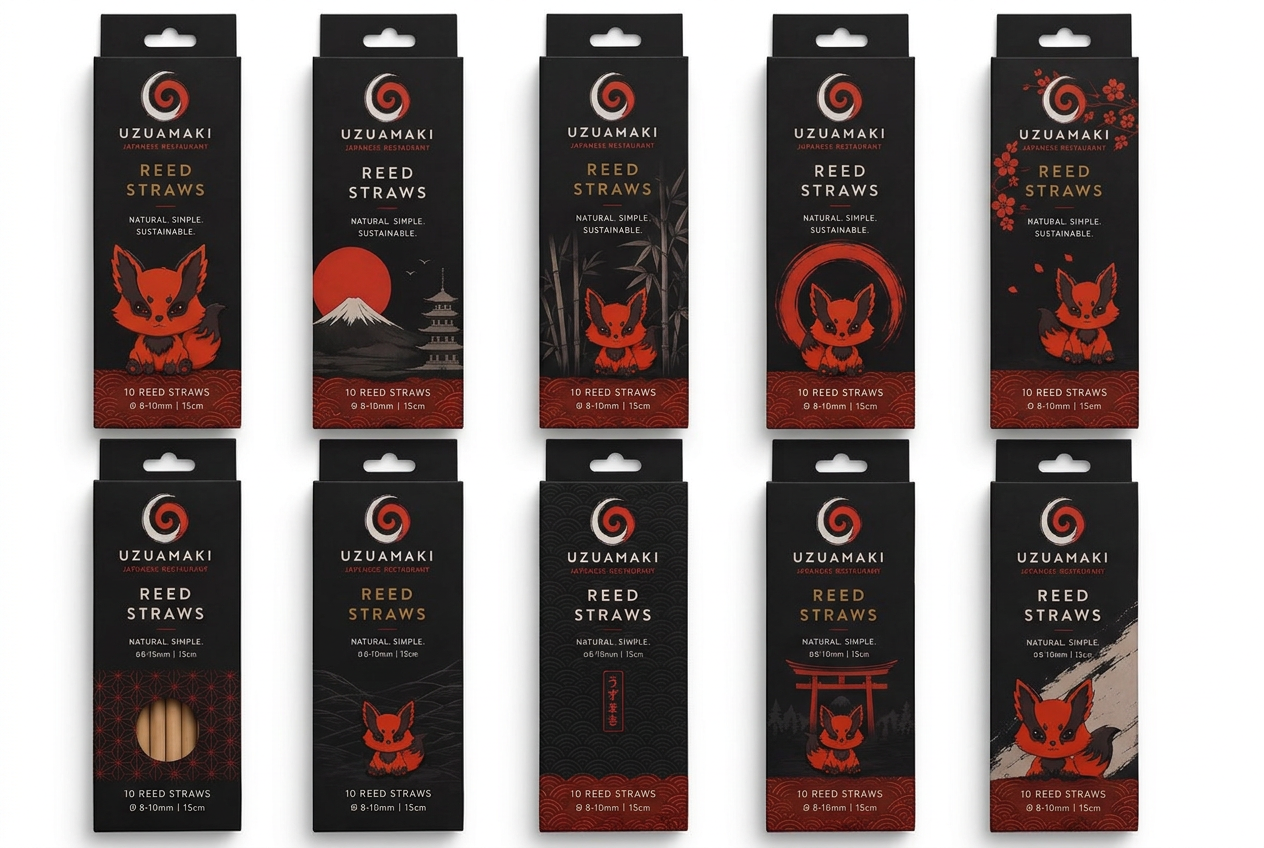 Ten Uzuamaki branded reed straw pack design variations