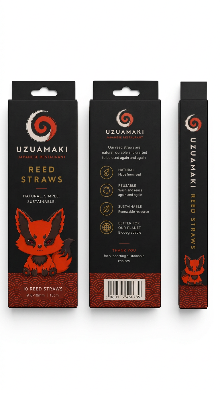 Front, back and side of Uzuamaki branded reed straw packaging